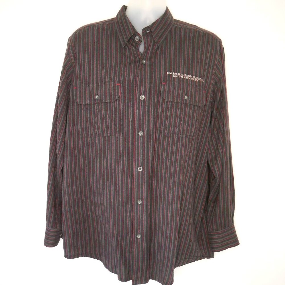 Harley Davidson Shirt Mens Medium Button Up Black Red Gray Embroidered Back Logo
